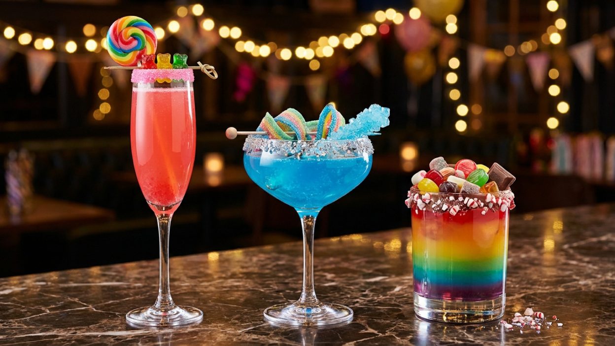 Trois cocktails bonbons colorés : rose avec sucette et oursons, bleu avec bonbons aigres, arc-en-ciel avec friandises diverses.