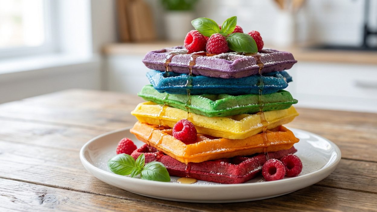 Pile de gaufres arc-en-ciel colorées garnies de framboises fraîches, feuilles de basilic et filet de sirop sur table en bois.