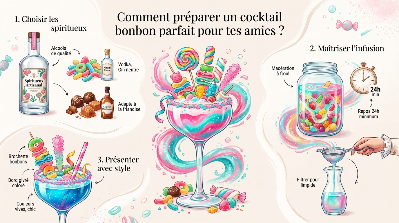 Infographie conseils pour réussir un cocktail bonbon coloré et gourmand