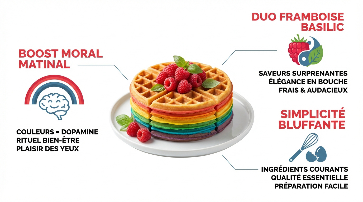 Infographie présentant les bienfaits des gaufres arc-en-ciel à la framboise et au basilic