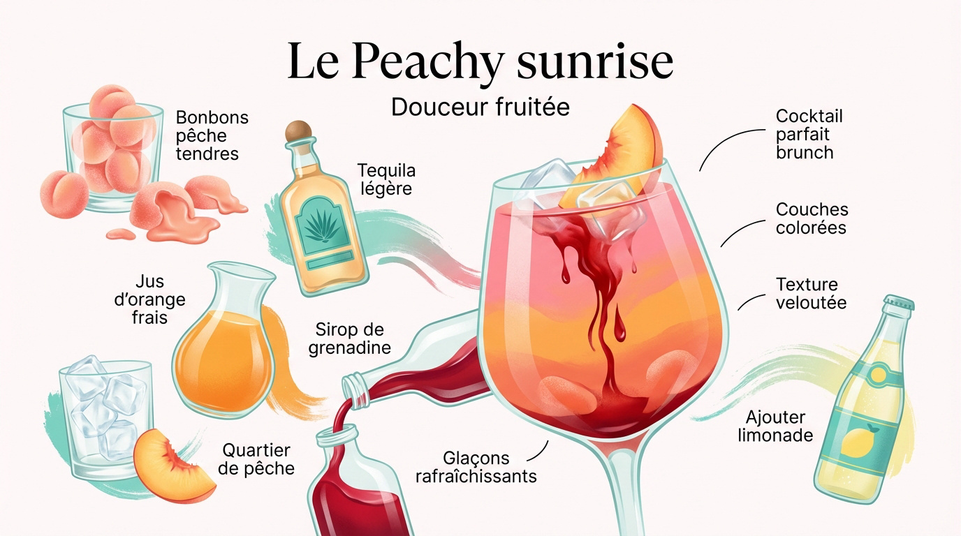 Infographie d'un cocktail Peachy Sunrise aux bonbons