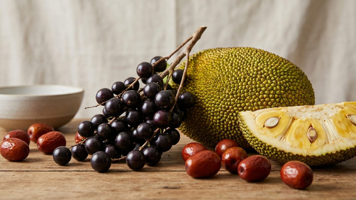 Composition de fruits sur une table en bois : jacque entière et coupée, grappe de jaboticabas et jujubes éparpillés.
